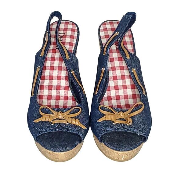 NEW Dexture Denim Slingback Wedge Sandal 9 Bow Cork Look Peep Toe Blue Brown - Picture 3 of 5